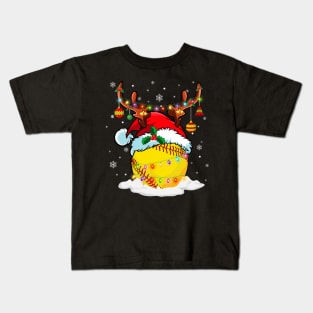 Reindeer Santa Hat Softball Christmas Lights Xmas Kids T-Shirt